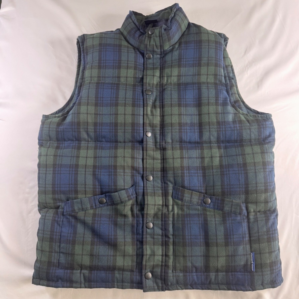 Vineyard Vines Black Watch Plaid Puffer Vest Mens Goose Down Navy Green - Picture 4 of 9